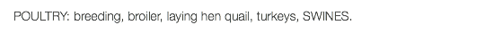 POULTRY: breeding, broiler, laying hen quail, turkeys, SWINES.