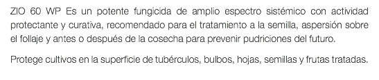 ZIO 60 WP Es un potente fungicida de amplio espectro sistémico con actividad protectante y curativa, recomendado para el tratamiento a la semilla, aspersión sobre el follaje y antes o después de la cosecha para prevenir pudriciones del futuro. Protege cultivos en la superficie de tubérculos, bulbos, hojas, semillas y frutas tratadas.