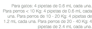  Para gatos: 4 pipetas de 0.6 mL cada una. Para perros < 10 Kg: 4 pipetas de 0.6 mL cada una. Para perros de 10 - 20 Kg: 4 pipetas de 1.2 mL cada una. Para perros de 20 - 40 Kg: 4 pipetas de 2.4 mL cada una.