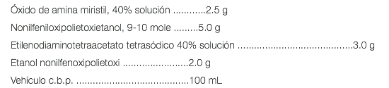 Óxido de amina miristil, 40% solución ............2.5 g Nonilfeniloxipolietoxietanol, 9-10 mole .........5.0 g Etilenodiaminotetraacetato tetrasódico 40% solución ..........................................3.0 g Etanol nonilfenoxipolietoxi ........................2.0 g Vehículo c.b.p. .........................................100 mL