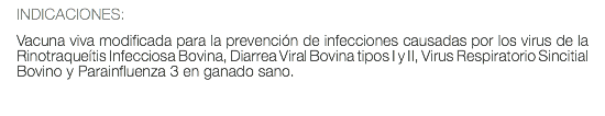 INDICACIONES: Vacuna viva modificada para la prevención de infecciones causadas por los virus de la Rinotraqueítis Infecciosa Bovina, Diarrea Viral Bovina tipos I y II, Virus Respiratorio Sincitial Bovino y Parainfluenza 3 en ganado sano.