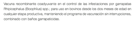 Vacuna recombinante coadyuvante en el control de las infestaciones por garrapatas Rhipicephalus (Boophilus) spp.; para uso en bovinos desde los dos meses de edad en cualquier etapa productiva, manteniendo el programa de vacunación sin interrupciones, combinado con baños garrapaticidas. 