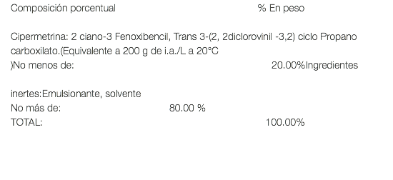 Composición porcentual % En peso Cipermetrina: 2 ciano-3 Fenoxibencil, Trans 3-(2, 2diclorovinil -3,2) ciclo Propano carboxilato.(Equivalente a 200 g de i.a./L a 20°C )No menos de: 20.00%Ingredientes inertes:Emulsionante, solvente No más de: 80.00 % TOTAL: 100.00%