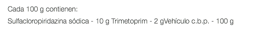 Cada 100 g contienen: Sulfacloropiridazina sódica - 10 g Trimetoprim - 2 gVehículo c.b.p. - 100 g 