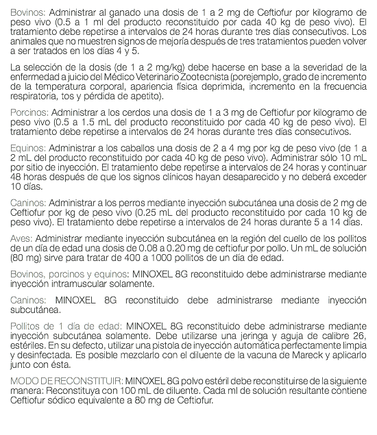 Bovinos: Administrar al ganado una dosis de 1 a 2 mg de Ceftiofur por kilogramo de peso vivo (0.5 a 1 ml del producto reconstituido por cada 40 kg de peso vivo). El tratamiento debe repetirse a intervalos de 24 horas durante tres días consecutivos. Los animales que no muestren signos de mejoría después de tres tratamientos pueden volver a ser tratados en los días 4 y 5. La selección de la dosis (de 1 a 2 mg/kg) debe hacerse en base a la severidad de la enfermedad a juicio del Médico Veterinario Zootecnista (porejemplo, grado de incremento de la temperatura corporal, apariencia física deprimida, incremento en la frecuencia respiratoria, tos y pérdida de apetito). Porcinos: Administrar a los cerdos una dosis de 1 a 3 mg de Ceftiofur por kilogramo de peso vivo (0.5 a 1.5 mL del producto reconstituido por cada 40 kg de peso vivo). El tratamiento debe repetirse a intervalos de 24 horas durante tres días consecutivos. Equinos: Administrar a los caballos una dosis de 2 a 4 mg por kg de peso vivo (de 1 a 2 mL del producto reconstituido por cada 40 kg de peso vivo). Administrar sólo 10 mL por sitio de inyección. El tratamiento debe repetirse a intervalos de 24 horas y continuar 48 horas después de que los signos clínicos hayan desaparecido y no deberá exceder 10 días. Caninos: Administrar a los perros mediante inyección subcutánea una dosis de 2 mg de Ceftiofur por kg de peso vivo (0.25 mL del producto reconstituido por cada 10 kg de peso vivo). El tratamiento debe repetirse a intervalos de 24 horas durante 5 a 14 días. Aves: Administrar mediante inyección subcutánea en la región del cuello de los pollitos de un día de edad una dosis de 0.08 a 0.20 mg de ceftiofur por pollo. Un mL de solución (80 mg) sirve para tratar de 400 a 1000 pollitos de un día de edad. Bovinos, porcinos y equinos: MINOXEL 8G reconstituido debe administrarse mediante inyección intramuscular solamente. Caninos: MINOXEL 8G reconstituido debe administrarse mediante inyección subcutánea. Pollitos de 1 día de edad: MINOXEL 8G reconstituido debe administrarse mediante inyección subcutánea solamente. Debe utilizarse una jeringa y aguja de calibre 26, estériles. En su defecto, utilizar una pistola de inyección automática perfectamente limpia y desinfectada. Es posible mezclarlo con el diluente de la vacuna de Mareck y aplicarlo junto con ésta. MODO DE RECONSTITUIR: MINOXEL 8G polvo estéril debe reconstituirse de la siguiente manera: Reconstituya con 100 mL de diluente. Cada ml de solución resultante contiene Ceftiofur sódico equivalente a 80 mg de Ceftiofur. 