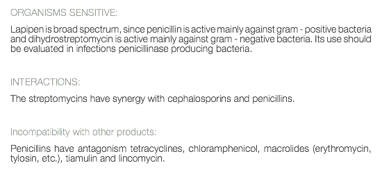 ORGANISMS SENSITIVE: Lapipen is broad spectrum, since penicillin is active mainly against gram - positive bacteria and dihydrostreptomycin is active mainly against gram - negative bacteria. Its use should be evaluated in infections penicillinase producing bacteria. INTERACTIONS: The streptomycins have synergy with cephalosporins and penicillins. Incompatibility with other products: Penicillins have antagonism tetracyclines, chloramphenicol, macrolides (erythromycin, tylosin, etc.), tiamulin and lincomycin. 