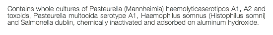 Contains whole cultures of Pasteurella (Mannheimia) haemolyticaserotipos A1, A2 and toxoids, Pasteurella multocida serotype A1, Haemophilus somnus (Histophilus somni) and Salmonella dublin, chemically inactivated and adsorbed on aluminum hydroxide. 