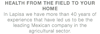 HEALTH FROM THE FIELD TO YOUR HOME In Lapisa we have more than 40 years of experience that have led us to be the leading Mexican company in the agricultural sector.
