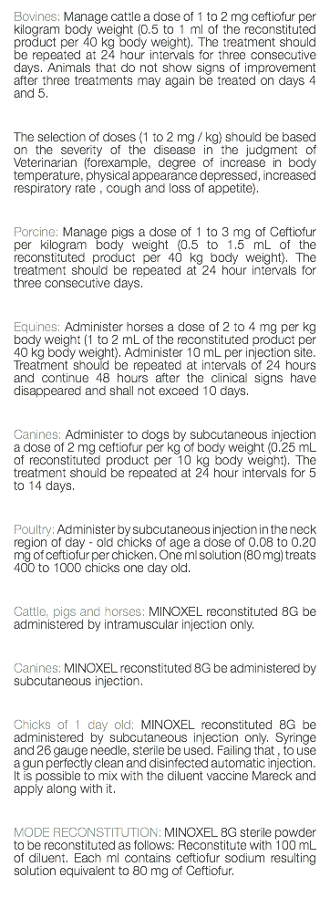 Bovines: Manage cattle a dose of 1 to 2 mg ceftiofur per kilogram body weight (0.5 to 1 ml of the reconstituted product per 40 kg body weight). The treatment should be repeated at 24 hour intervals for three consecutive days. Animals that do not show signs of improvement after three treatments may again be treated on days 4 and 5. The selection of doses (1 to 2 mg / kg) should be based on the severity of the disease in the judgment of Veterinarian (forexample, degree of increase in body temperature, physical appearance depressed, increased respiratory rate , cough and loss of appetite). Porcine: Manage pigs a dose of 1 to 3 mg of Ceftiofur per kilogram body weight (0.5 to 1.5 mL of the reconstituted product per 40 kg body weight). The treatment should be repeated at 24 hour intervals for three consecutive days. Equines: Administer horses a dose of 2 to 4 mg per kg body weight (1 to 2 mL of the reconstituted product per 40 kg body weight). Administer 10 mL per injection site. Treatment should be repeated at intervals of 24 hours and continue 48 hours after the clinical signs have disappeared and shall not exceed 10 days. Canines: Administer to dogs by subcutaneous injection a dose of 2 mg ceftiofur per kg of body weight (0.25 mL of reconstituted product per 10 kg body weight). The treatment should be repeated at 24 hour intervals for 5 to 14 days. Poultry: Administer by subcutaneous injection in the neck region of day - old chicks of age a dose of 0.08 to 0.20 mg of ceftiofur per chicken. One ml solution (80 mg) treats 400 to 1000 chicks one day old. Cattle, pigs and horses: MINOXEL reconstituted 8G be administered by intramuscular injection only. Canines: MINOXEL reconstituted 8G be administered by subcutaneous injection. Chicks of 1 day old: MINOXEL reconstituted 8G be administered by subcutaneous injection only. Syringe and 26 gauge needle, sterile be used. Failing that , to use a gun perfectly clean and disinfected automatic injection. It is possible to mix with the diluent vaccine Mareck and apply along with it. MODE RECONSTITUTION: MINOXEL 8G sterile powder to be reconstituted as follows: Reconstitute with 100 mL of diluent. Each ml contains ceftiofur sodium resulting solution equivalent to 80 mg of Ceftiofur. 