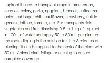 Lapiroot it used to transplant crops in most crops, such as: celery, garlic, eggplant, broccoli, coffee tree, onion, cabbage, chilli, cauliflower, strawberry, fruit in general, lettuce, tomato, etc. For transplants field vegetables and fruit dissolving 0.5 to 1 kg of Lapiroot in 100 L of water and apply 50 to 80 mL per plant or the roots dipping in the solution for 1 to 3 minutes at planting. It can be applied to the neck of the plant with 50 mL / blend plant foliage or seeking to ensure complete coverage.