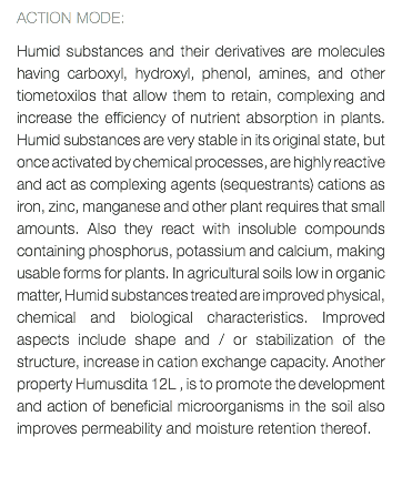 ACTION MODE: Humid substances and their derivatives are molecules having carboxyl, hydroxyl, phenol, amines, and other tiometoxilos that allow them to retain, complexing and increase the efficiency of nutrient absorption in plants. Humid substances are very stable in its original state, but once activated by chemical processes, are highly reactive and act as complexing agents (sequestrants) cations as iron, zinc, manganese and other plant requires that small amounts. Also they react with insoluble compounds containing phosphorus, potassium and calcium, making usable forms for plants. In agricultural soils low in organic matter, Humid substances treated are improved physical, chemical and biological characteristics. Improved aspects include shape and / or stabilization of the structure, increase in cation exchange capacity. Another property Humusdita 12L , is to promote the development and action of beneficial microorganisms in the soil also improves permeability and moisture retention thereof. 