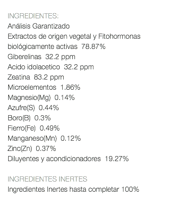  INGREDIENTES: Análisis Garantizado Extractos de origen vegetal y Fitohormonas biológicamente activas 78.87% Giberelinas 32.2 ppm Acido idolacetico 32.2 ppm Zeatina 83.2 ppm Microelementos 1.86% Magnesio(Mg) 0.14% Azufre(S) 0.44% Boro(B) 0.3% Fierro(Fe) 0.49% Manganeso(Mn) 0.12% Zinc(Zn) 0.37% Diluyentes y acondicionadores 19.27% INGREDIENTES INERTES Ingredientes Inertes hasta completar 100%