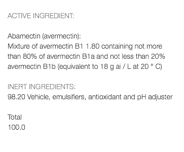  ACTIVE INGREDIENT: Abamectin (avermectin): Mixture of avermectin B1 1.80 containing not more than 80% of avermectin B1a and not less than 20% avermectin B1b (equivalent to 18 g ai / L at 20 ° C) INERT INGREDIENTS: 98.20 Vehicle, emulsifiers, antioxidant and pH adjuster Total 100.0 