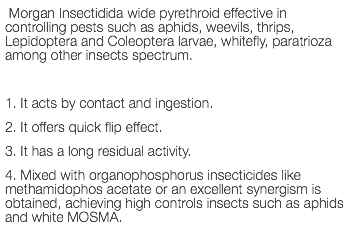  Morgan Insectidida wide pyrethroid effective in controlling pests such as aphids, weevils, thrips, Lepidoptera and Coleoptera larvae, whitefly, paratrioza among other insects spectrum. 1. It acts by contact and ingestion. 2. It offers quick flip effect. 3. It has a long residual activity. 4. Mixed with organophosphorus insecticides like methamidophos acetate or an excellent synergism is obtained, achieving high controls insects such as aphids and white MOSMA. 