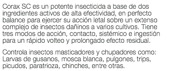 Corax SC es un potente insecticida a base de dos ingredientes activos de alta efectividad, en perfecto balance para ejercer su acción letal sobre un extenso complejo de insectos dañinos a varios cultivos. Tiene tres modos de acción, contacto, sistémico e ingestión para un rápido volteo y prolongado efecto residual. Controla insectos masticadores y chupadores como: Larvas de gusanos, mosca blanca, pulgones, trips, picudos, paratrioza, chinches, entre otras.