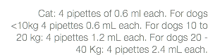  Cat: 4 pipettes of 0.6 ml each. For dogs <10kg 4 pipettes 0.6 mL each. For dogs 10 to 20 kg: 4 pipettes 1.2 mL each. For dogs 20 - 40 Kg: 4 pipettes 2.4 mL each.