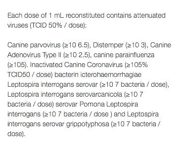  Each dose of 1 mL reconstituted contains attenuated viruses (TCID 50% / dose): Canine parvovirus (≥10 6.5), Distemper (≥10 3), Canine Adenovirus Type II (≥10 2.5), canine parainfluenza (≥105). Inactivated Canine Coronavirus (≥105% TCID50 / dose) bacterin icterohaemorrhagiae Leptospira interrogans serovar (≥10 7 bacteria / dose), Leptospira interrogans serovarcanicola (≥10 7 bacteria / dose) serovar Pomona Leptospira interrogans (≥10 7 bacteria / dose ) and Leptospira interrogans serovar grippotyphosa (≥10 7 bacteria / dose). 