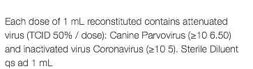  Each dose of 1 mL reconstituted contains attenuated virus (TCID 50% / dose): Canine Parvovirus (≥10 6.50) and inactivated virus Coronavirus (≥10 5). Sterile Diluent qs ad 1 mL