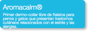 Aromacalm® Primer dermo–collar libre de ftalatos para perros y gatos que presentan trastornos cutáneos relacionados con el estrés y las alergias.