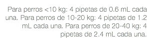  Para perros <10 kg: 4 pipetas de 0.6 mL cada una. Para perros de 10-20 kg: 4 pipetas de 1.2 mL cada una. Para perros de 20-40 kg: 4 pipetas de 2.4 mL cada una.