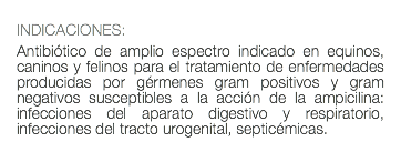  INDICACIONES: Antibiótico de amplio espectro indicado en equinos, caninos y felinos para el tratamiento de enfermedades producidas por gérmenes gram positivos y gram negativos susceptibles a la acción de la ampicilina: infecciones del aparato digestivo y respiratorio, infecciones del tracto urogenital, septicémicas. 