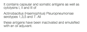 It contains capsular and somatic antigens as well as cytolysins I, II and III of Actinobacillus (Haemophilus) Pleuropneumoniae serotypes 1,3,5 and 7. All these antigens have been inactivated and emulsified with an oil adjuvant. 