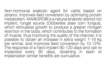  Non-hormonal anabolic agent for cattle based on zeranol. Improves feed conversion by optimizing protein metabolism. MAXIGRO® is a natural anabolic steroid not implant; fungal source (Gibberella zeae corn fungus), which stimulates growth to produce a greater nitrogen retention in the body, which contributes to the formation of muscle, thus improving the quality of the channel. It is possible to obtain an increase in extra weight 7-16 kg per animal. and improves feed conversion by 10-12%. The response of a hard implant 90-120 days and can re implanted every 90 days, obtaining in each re implantation similar benefits are cumulative. 