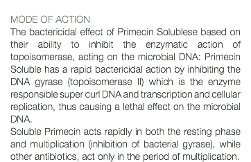  MODE OF ACTION The bactericidal effect of Primecin Solublese based on their ability to inhibit the enzymatic action of topoisomerase, acting on the microbial DNA: Primecin Soluble has a rapid bactericidal action by inhibiting the DNA gyrase (topoisomerase II) which is the enzyme responsible super curl DNA and transcription and cellular replication, thus causing a lethal effect on the microbial DNA. Soluble Primecin acts rapidly in both the resting phase and multiplication (inhibition of bacterial gyrase), while other antibiotics, act only in the period of multiplication.