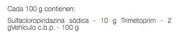 Cada 100 g contienen: Sulfacloropiridazina sódica - 10 g Trimetoprim - 2 gVehículo c.b.p. - 100 g 