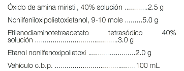 Óxido de amina miristil, 40% solución ............2.5 g Nonilfeniloxipolietoxietanol, 9-10 mole .........5.0 g Etilenodiaminotetraacetato tetrasódico 40% solución ..........................................3.0 g Etanol nonilfenoxipolietoxi ........................2.0 g Vehículo c.b.p. .........................................100 mL