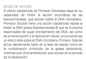  MODO DE ACCIÓN El efecto bactericida de Primecin Solublese basa en su capacidad de inhibir la acción enzimática de las topoisomerasas, que actúan sobre el DNA microbiano: Primecin Soluble tiene una acción bactericida rápida al inhibir la DNA girasa (topoisomerasa II) que es la enzima responsable del súper enrollamiento del DNA, así como de la transcripción y la replicación celular, provocando así un efecto letal sobre el DNA microbiano.Primecin Soluble actúa rápidamente tanto en la fase de reposo como en la multiplicación (inhibición de la girasa bacteriana), mientras que otros antibióticos, solo actúan en el periodo de multiplicación.