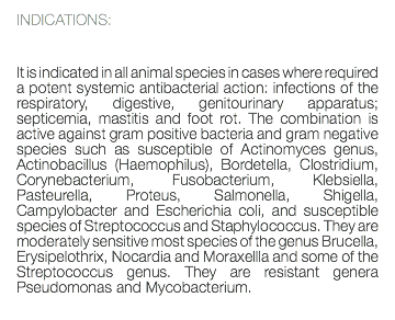 INDICATIONS: It is indicated in all animal species in cases where required a potent systemic antibacterial action: infections of the respiratory, digestive, genitourinary apparatus; septicemia, mastitis and foot rot. The combination is active against gram positive bacteria and gram negative species such as susceptible of Actinomyces genus, Actinobacillus (Haemophilus), Bordetella, Clostridium, Corynebacterium, Fusobacterium, Klebsiella, Pasteurella, Proteus, Salmonella, Shigella, Campylobacter and Escherichia coli, and susceptible species of Streptococcus and Staphylococcus. They are moderately sensitive most species of the genus Brucella, Erysipelothrix, Nocardia and Moraxellla and some of the Streptococcus genus. They are resistant genera Pseudomonas and Mycobacterium. 