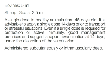 Bovines: 5 ml Sheep, Goats: 2.5 mL A single dose to healthy animals from 45 days old. It is advisable to apply a single dose 14 days prior to transport or stressful situations. Even if a single dose is required for protection or active immunity, good management practices and suggest support revaccination at 14 days, under the discretion of the veterinarian. Administered subcutaneously or intramuscularly deep. 