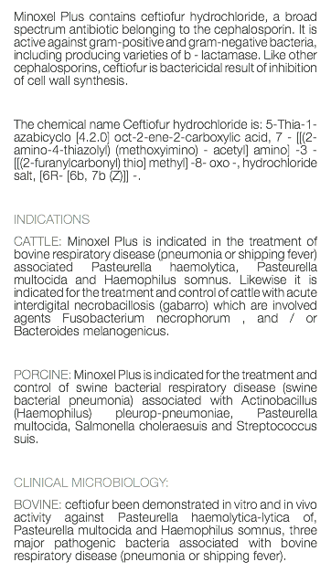 Minoxel Plus contains ceftiofur hydrochloride, a broad spectrum antibiotic belonging to the cephalosporin. It is active against gram-positive and gram-negative bacteria, including producing varieties of b - lactamase. Like other cephalosporins, ceftiofur is bactericidal result of inhibition of cell wall synthesis. The chemical name Ceftiofur hydrochloride is: 5-Thia-1-azabicyclo [4.2.0] oct-2-ene-2-carboxylic acid, 7 - [[(2-amino-4-thiazolyl) (methoxyimino) - acetyl] amino] -3 - [[(2-furanylcarbonyl) thio] methyl] -8- oxo -, hydrochloride salt, [6R- [6b, 7b (Z)]] -. INDICATIONS CATTLE: Minoxel Plus is indicated in the treatment of bovine respiratory disease (pneumonia or shipping fever) associated Pasteurella haemolytica, Pasteurella multocida and Haemophilus somnus. Likewise it is indicated for the treatment and control of cattle with acute interdigital necrobacillosis (gabarro) which are involved agents Fusobacterium necrophorum , and / or Bacteroides melanogenicus. PORCINE: Minoxel Plus is indicated for the treatment and control of swine bacterial respiratory disease (swine bacterial pneumonia) associated with Actinobacillus (Haemophilus) pleurop-pneumoniae, Pasteurella multocida, Salmonella choleraesuis and Streptococcus suis. CLINICAL MICROBIOLOGY: BOVINE: ceftiofur been demonstrated in vitro and in vivo activity against Pasteurella haemolytica-lytica of, Pasteurella multocida and Haemophilus somnus, three major pathogenic bacteria associated with bovine respiratory disease (pneumonia or shipping fever). 