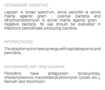 ORGANISMS SENSITIVE: Lapipen is broad spectrum, since penicillin is active mainly against gram - positive bacteria and dihydrostreptomycin is active mainly against gram - negative bacteria. Its use should be evaluated in infections penicillinase producing bacteria. INTERACTIONS: The streptomycins have synergy with cephalosporins and penicillins. Incompatibility with other products: Penicillins have antagonism tetracyclines, chloramphenicol, macrolides (erythromycin, tylosin, etc.), tiamulin and lincomycin. 