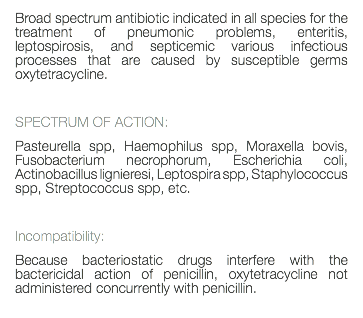 Broad spectrum antibiotic indicated in all species for the treatment of pneumonic problems, enteritis, leptospirosis, and septicemic various infectious processes that are caused by susceptible germs oxytetracycline. SPECTRUM OF ACTION: Pasteurella spp, Haemophilus spp, Moraxella bovis, Fusobacterium necrophorum, Escherichia coli, Actinobacillus lignieresi, Leptospira spp, Staphylococcus spp, Streptococcus spp, etc. Incompatibility: Because bacteriostatic drugs interfere with the bactericidal action of penicillin, oxytetracycline not administered concurrently with penicillin. 