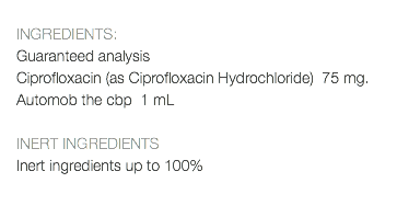  INGREDIENTS: Guaranteed analysis Ciprofloxacin (as Ciprofloxacin Hydrochloride) 75 mg. Automob the cbp 1 mL INERT INGREDIENTS Inert ingredients up to 100% 