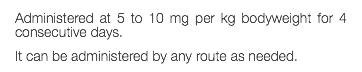 Administered at 5 to 10 mg per kg bodyweight for 4 consecutive days. It can be administered by any route as needed.